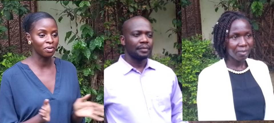L-R. Jemimah Babirye Kassibo ( YCC Uganda coordinator, Davis Rupiny ( COLEIN AID) and Collins Oweka ( Nebbi Municipality environment officer) addresses a press conference after the engagement.