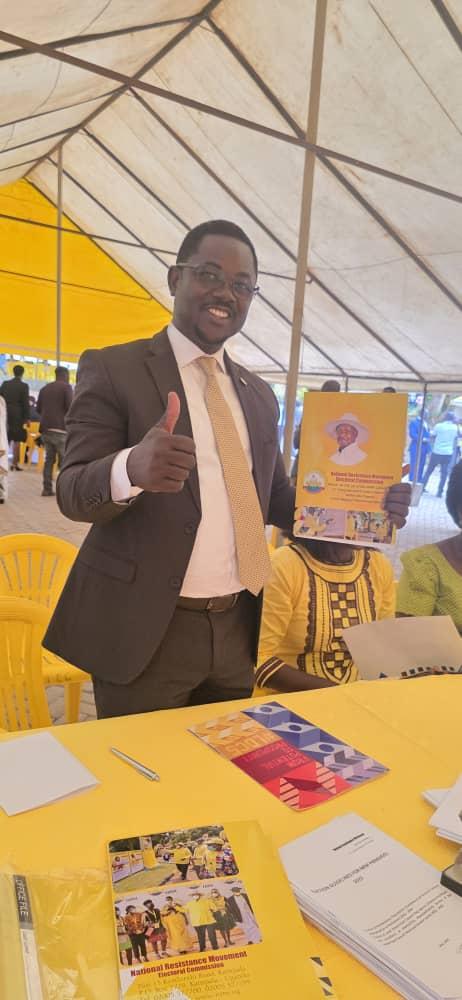 Epiphany Berocan gestures after picking his nomination form at the NRM Electoral Commission Offices on Plot 13 Kyadondo Road, Kampala on June 2, 2025.