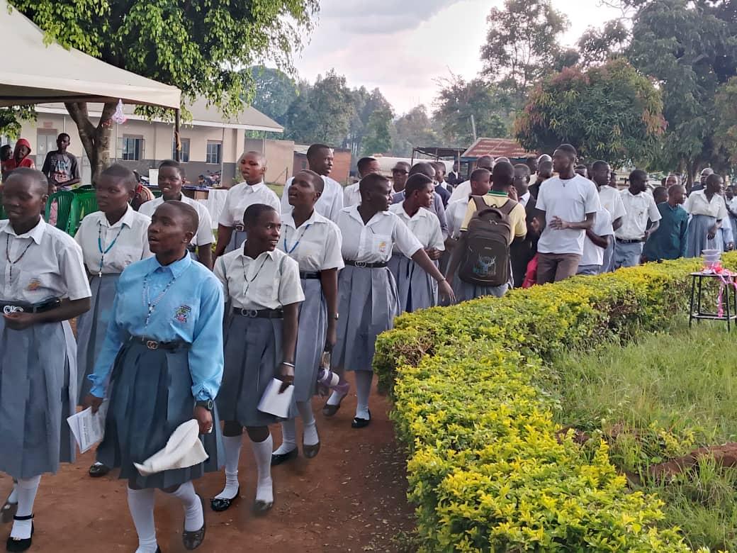 Students of St Augustine Paidha Secondary School in Zombo District Welcomes the Lord Bishop of Nebbi Catholic Diocese Rupiny Constantine at the School, during the Thanksgiving Mass of the school on Friday , October 3, 2025. Photo/Mike Rwothomio