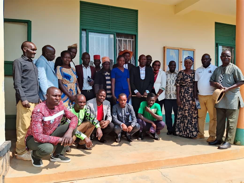 Alur Kingdom Prime Minister Prince Lawrence Opar Angala (center) and other officials, including traditional chiefs and community leaders, pose for a group photo in front of ZODFA's offices in Zombo Town Council following their engagement on January 30, 2026. Photo by Mike Rwothomio.
