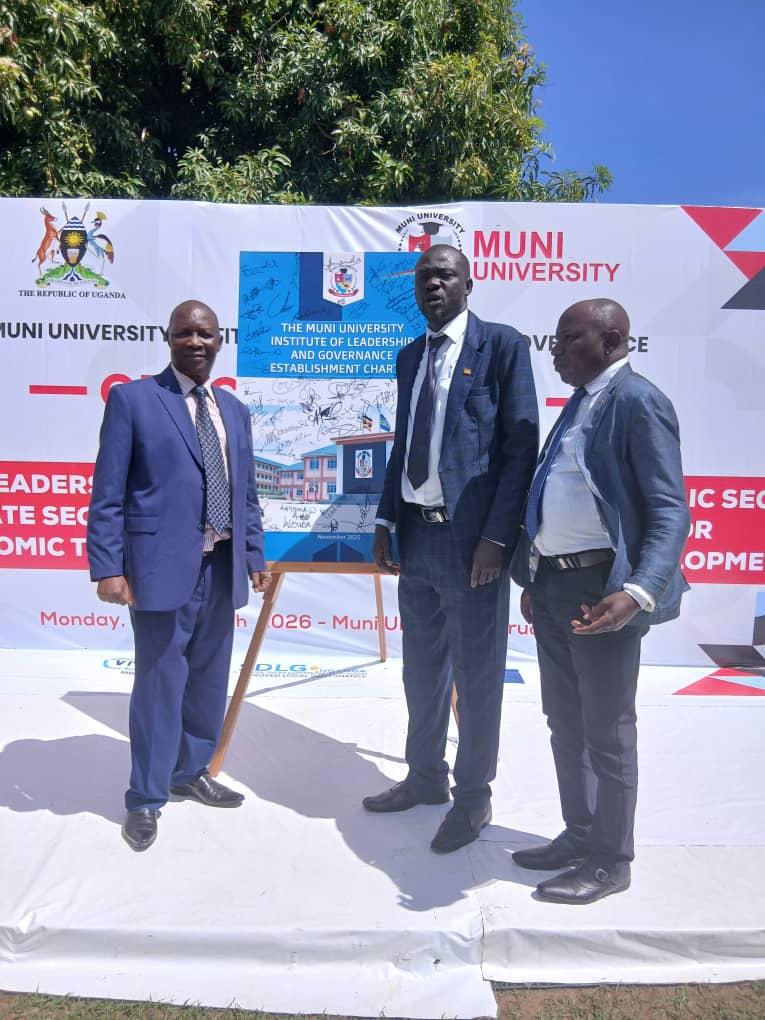After the Institute's launch by the representative of the Minister of Local Government, Hon. Raphael Magezi, the Jadipu (L) posed for a photo with the Prime Minister of Aringa Kingdom, Rt Hon. Lemeriga Fadhil (C), and Mr. Fred Oruya (R), who represented the Chief Administrative Officer of Zombo District.